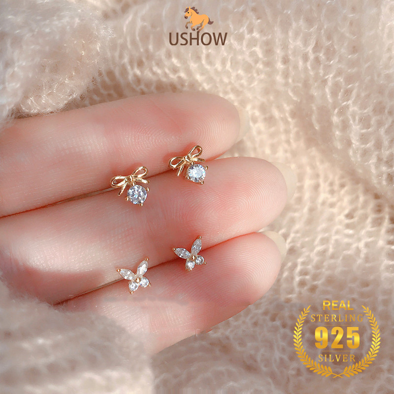 USHOW Anting Emas Zirkon Perhiasan Wanita Kupu-kupu Kecil Grosir