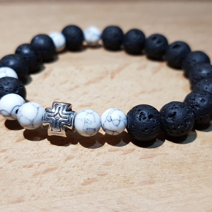 gelang rosario batu alam asli , lava stone , howlite , perak H85S