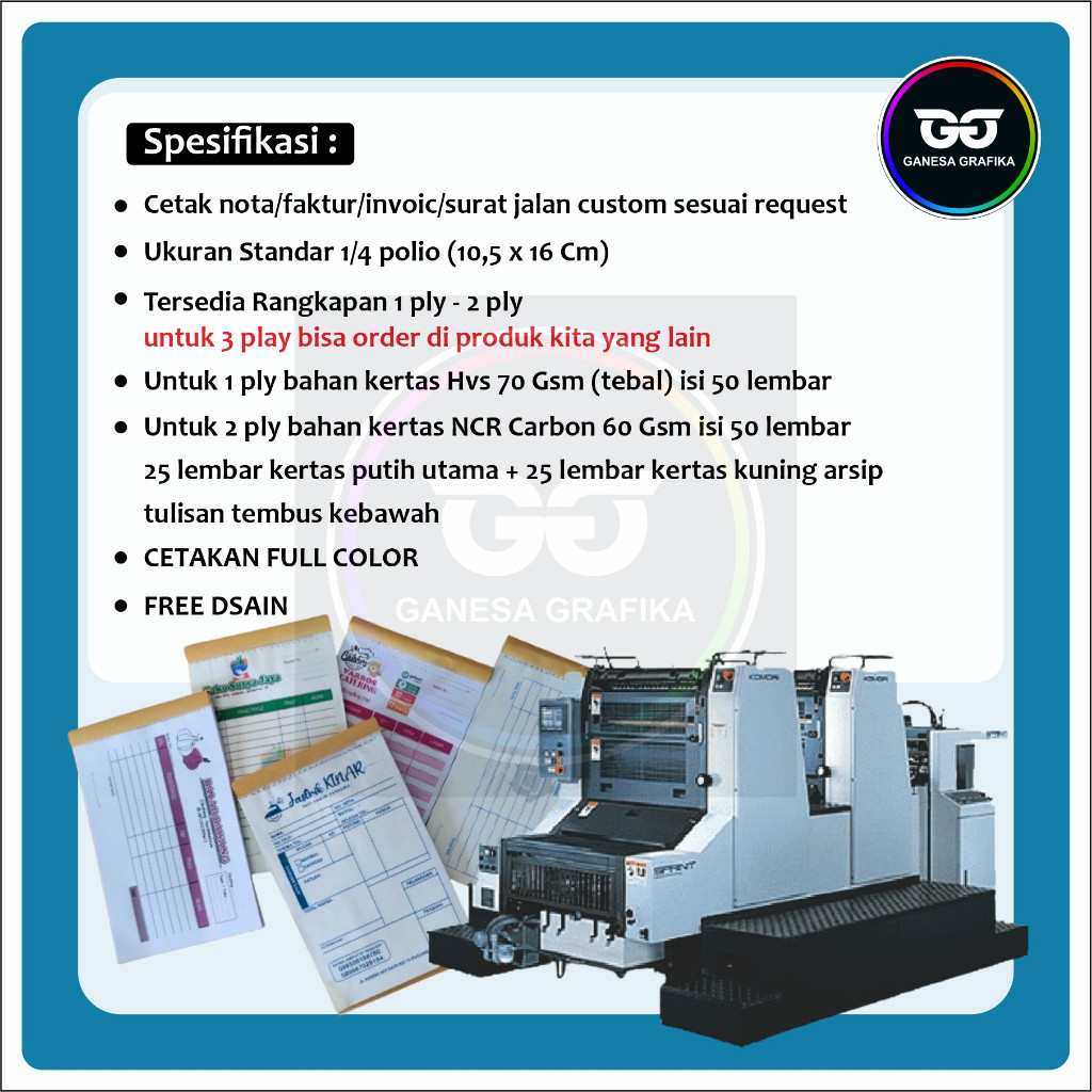 

cetak nota custom 2 ply nama usaha toko sendiri ukuran sedang 1/4 polio GANESA GRAFIKA