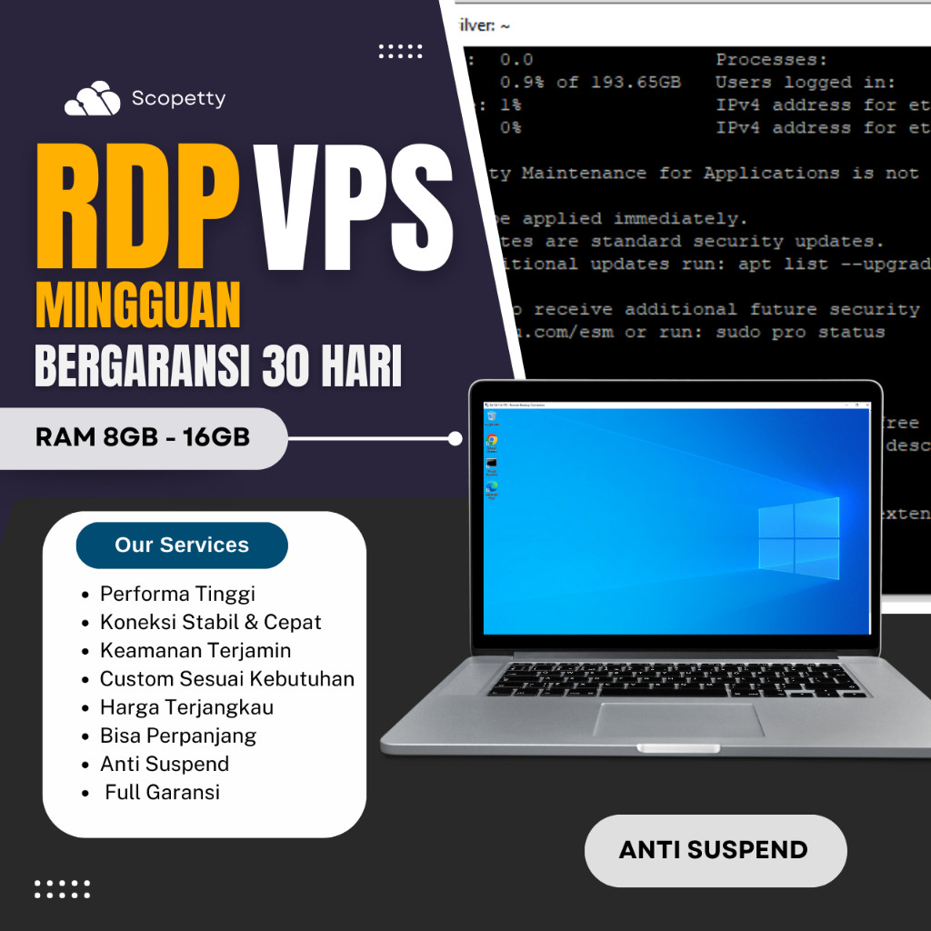 RDP WINDOWS SPEK RAM 8GB-4CORE / RAM 16GB-4CORE FULL ADMIN