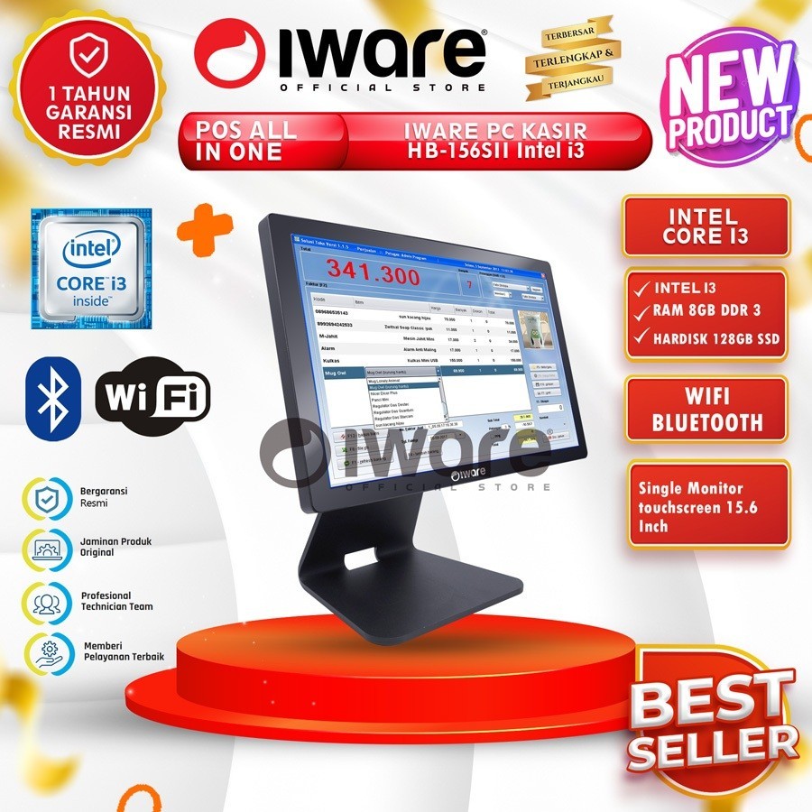 Iware Mesin Kasir PC Pos All In One HB-156II Core i3 8/128GB 15" Wifi