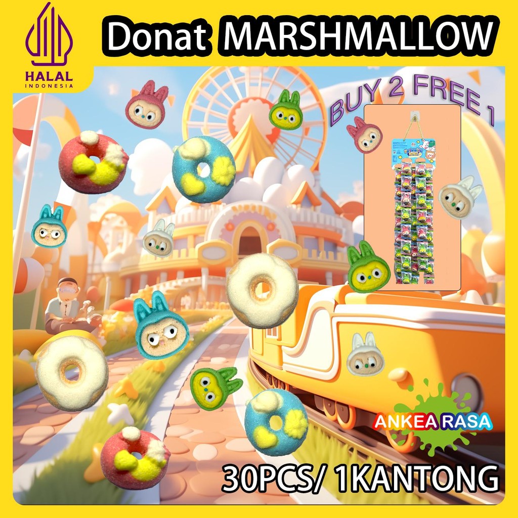 

[COD]Buy 2 free 1 @60 Pcs/2 Kantong - Donat Marshmallow +free 30pcs labububu marshmallow Lembut Mix Rasa: Semangka, Stroberi, Mangga, Melon - Camilan Manis Lezat, Snack Halal, Cemilan Favorit Keluarga (Free kait)