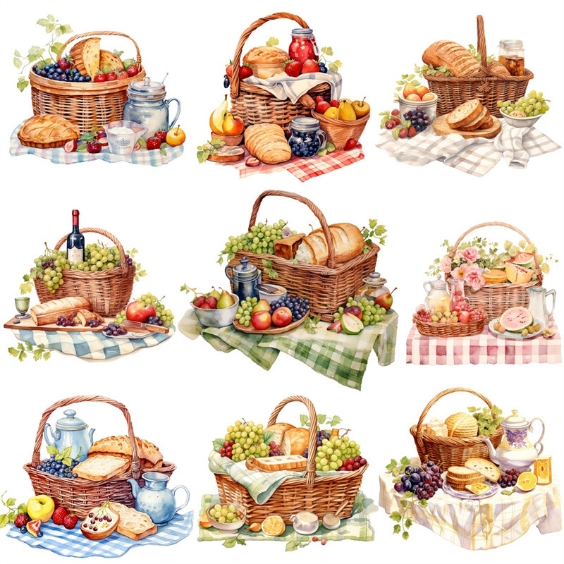 

Watercolor Picnic Food Basket Bread Fruit Stickers Crafts And Scrapbooking stickers book Decorative DIY Stationery waterproof