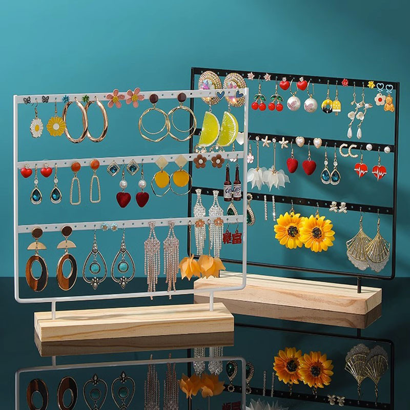 

3-Tiers 69 Holes Earring Display Holder,Metal 3 Layers Jewelry Storage Organizer Wood Base Stand Tree,Ear Stud Rack Gift