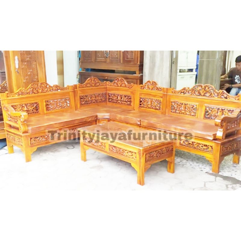 (GRATIS MASKER) Kursi  Sofa Tamu Jati Set bentuk L, plus Meja, Jok,Kaca