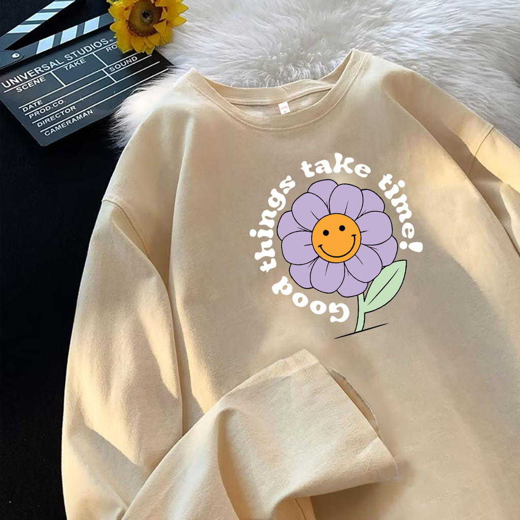 Lucky88k Tshirt Kaos Lengan Panjang Oversize Wanita Gambar Bunga Matahari Bahan 100% Cotton