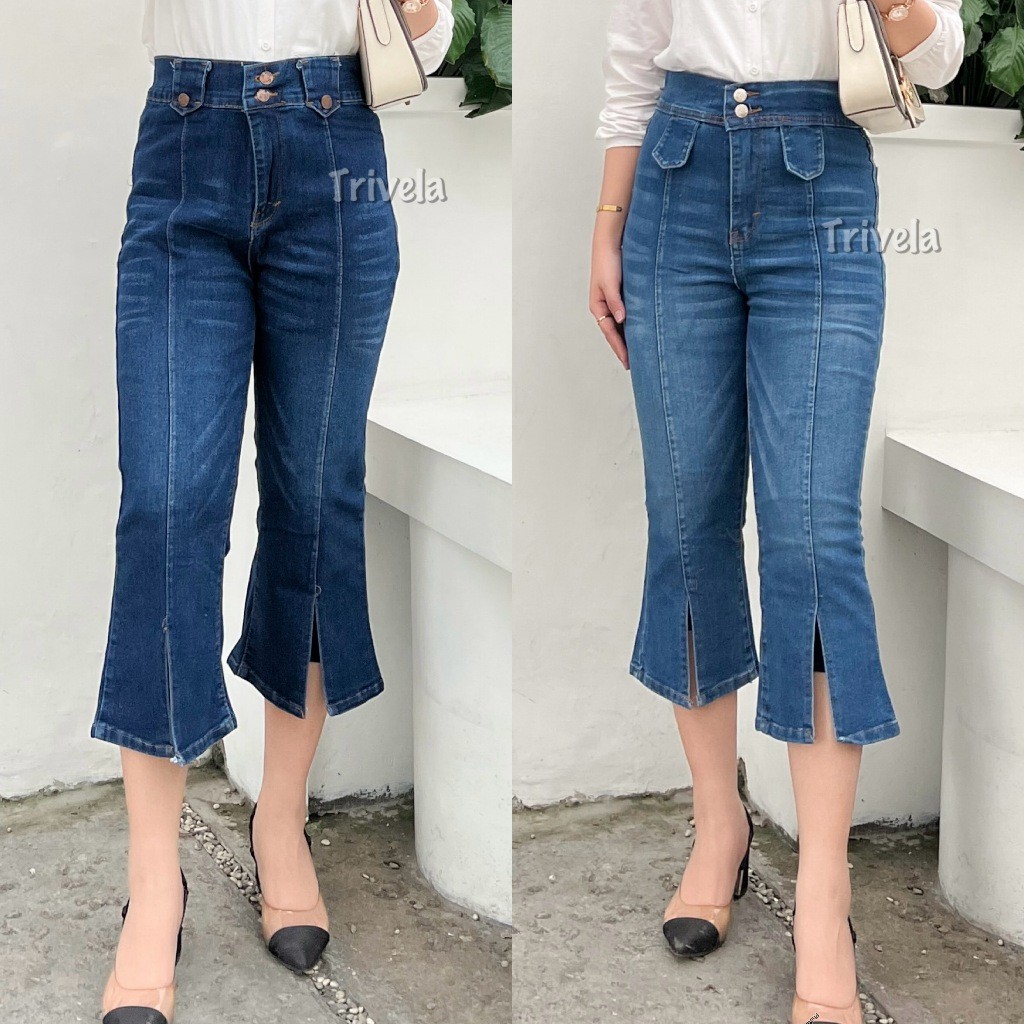 TIFIITY - SLIT CUTBRAY 7/8 DOUBLE BUTTON STRETCH  CELANA JEANS WANITA 7/8 MELAR  AZELYN