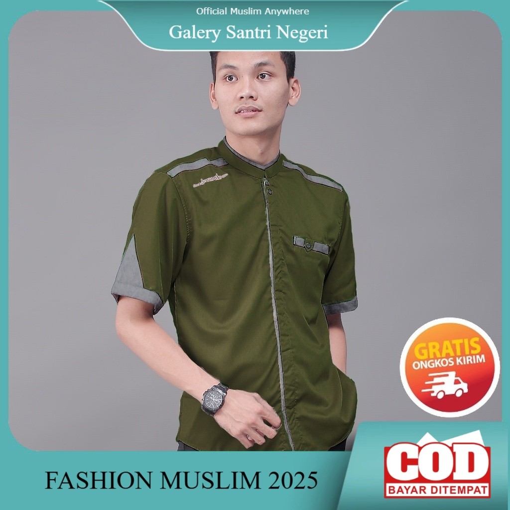 NEW Baju Koko Pria Lengan Pendek Kombinasi Bordir Warna Army Motif Yisunsin