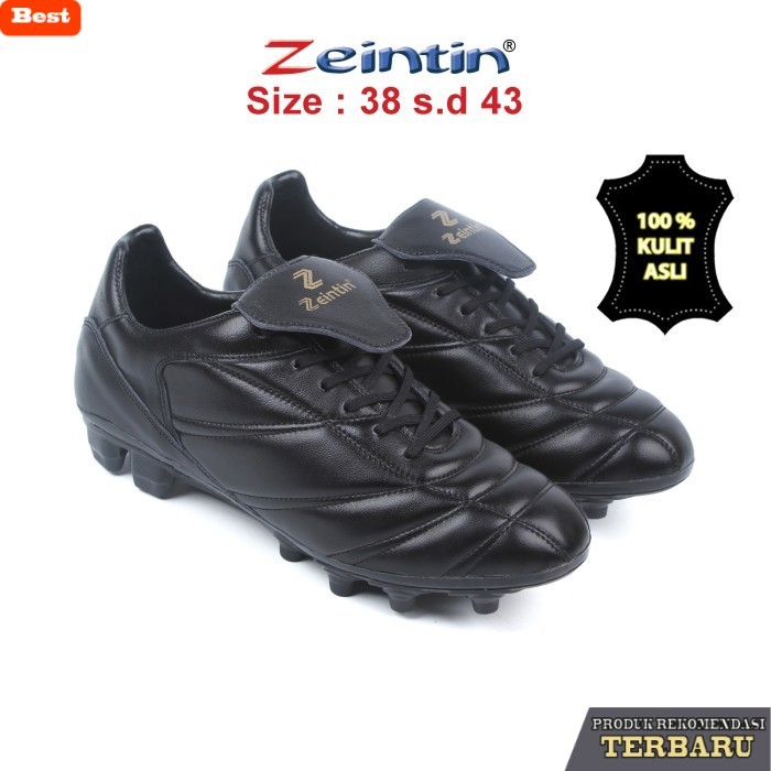 rekomendasi sepatu bola untuk kaki lebar Zeintin - Sepatu Sepak Bola Bahan Full Kulit Asli Hitam Pol
