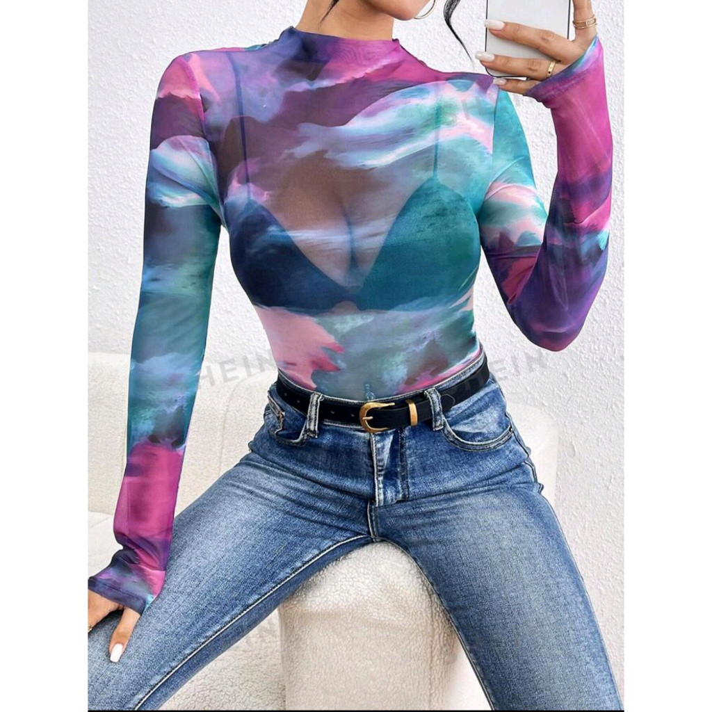 SC Allurite Women's Tie-dyed Stand Collar Mesh Long Sleeve Top Wanita