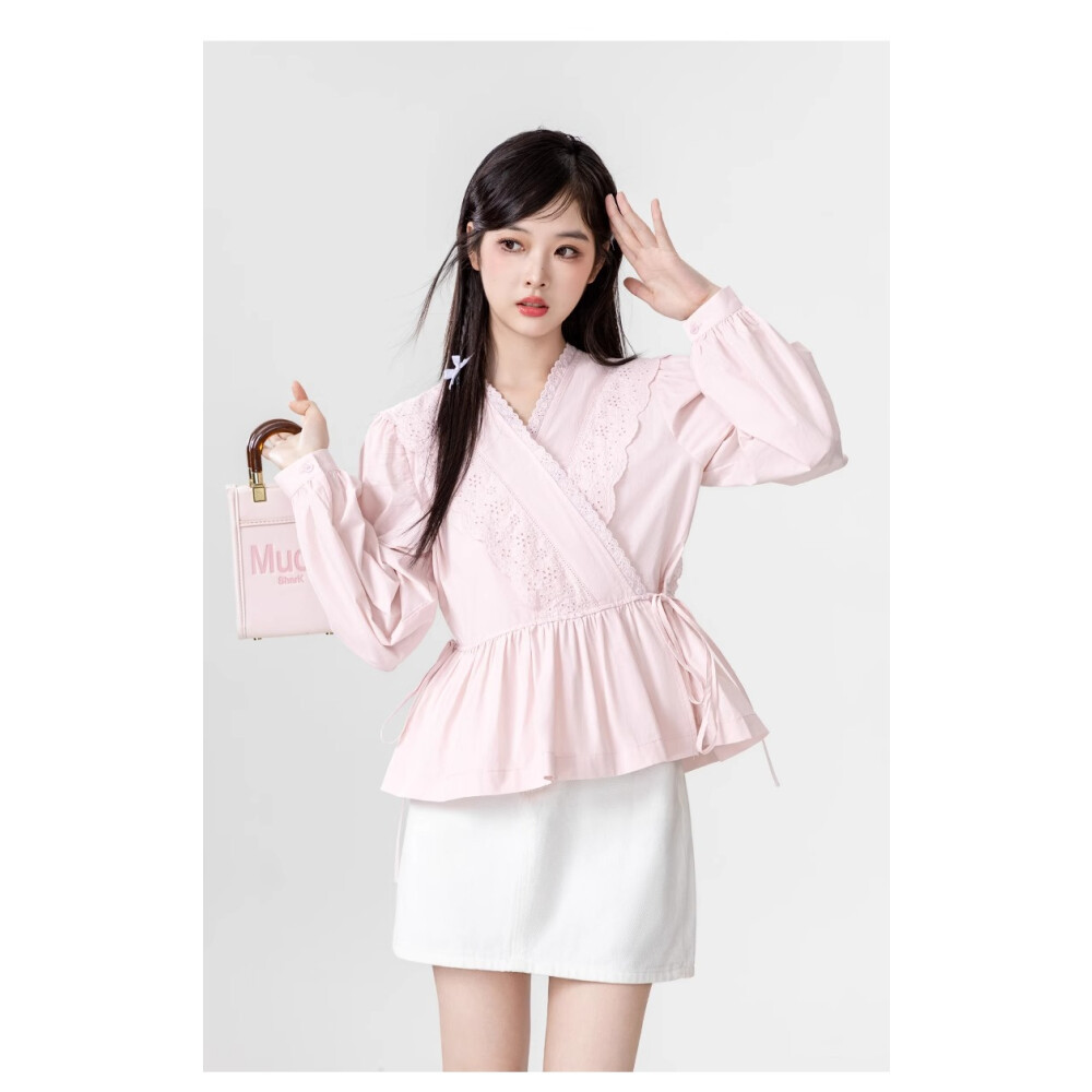 【ready stock】Atasan kemeja lengan panjang | merah muda | Baju cina wanita | Kemeja v neck | Kemeja r