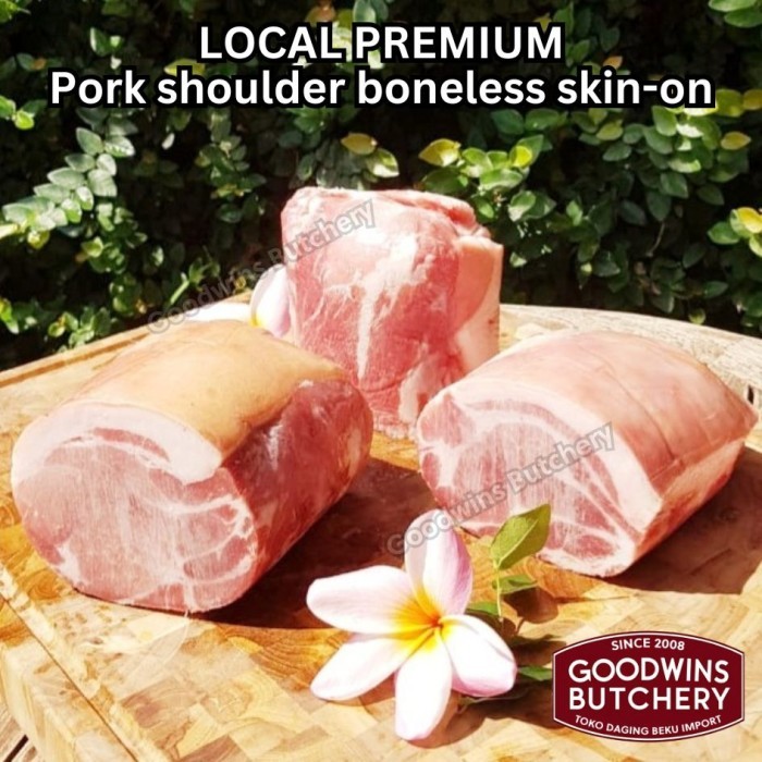 

Pork shoulder boneless skin on local premium ROAST CUT kapsim babi tanpa tulang berkulit beku collar boston butt frozen
