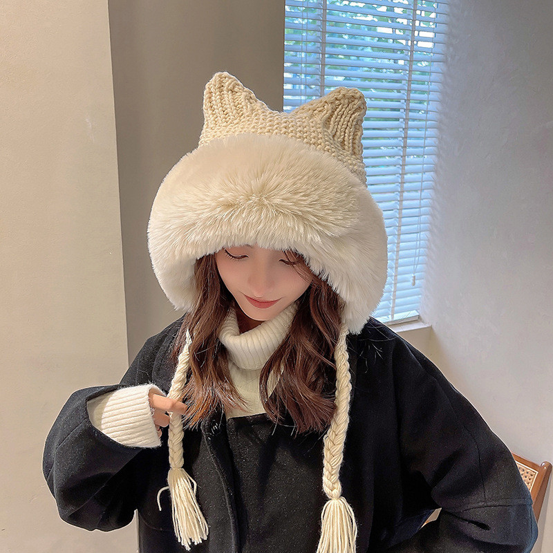 New Women Winter Warm Cute Beanie Hat Cat Ears Lady Kawaii Knitted Crochet Beanies Hat Cap With Brai
