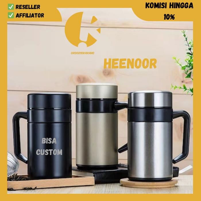 [Promo] MUG GELAS CANGKIR TERMOS THERMOS HEENOOR STAINLESS STEEL TAHAN PANAS - Hitam, Custom 2 sisi