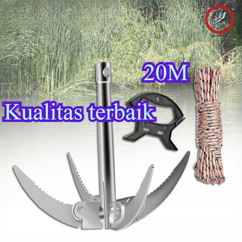 Tali 20m Dan Handle 4 Cakar Sabit Jangkar Kapal Lipat Besi Galvanis Jangkar Mini Lipat Besi Galvanis