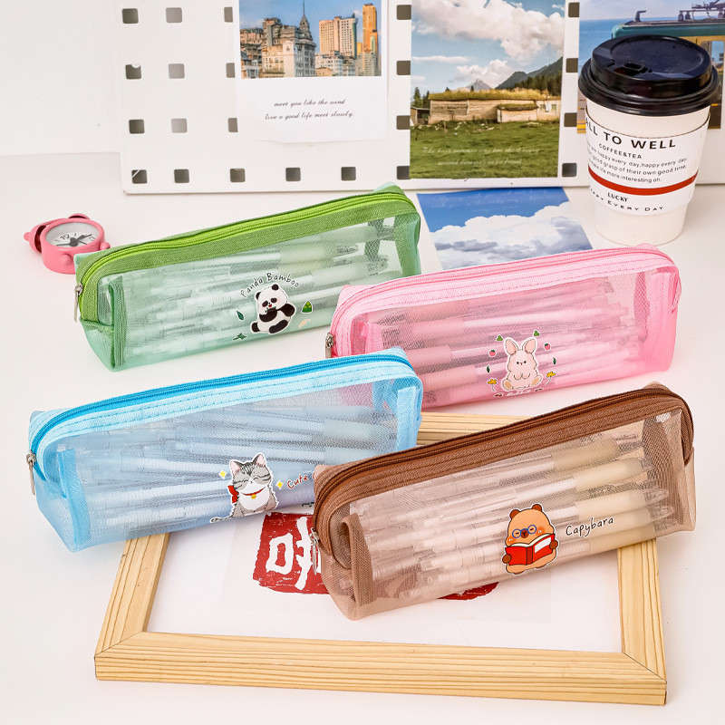 

Kawaii Mesh Pencil Case Cartoon Animal Transparent Students Large Capacity Pencil Bag School Office Supplies Stationery