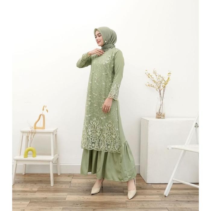 Baju Gamis Brukat Lebaran Pesta Wisuda Kondangan Maxi Dress Wanita - Hijau Sage, M-XL LD 104