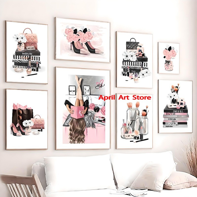 

Pink Flowers Bag High Heels Fashion Shopping Makeup Posters Prints Canvas Painting Wall Art Pictures for Girls Room Home Decor