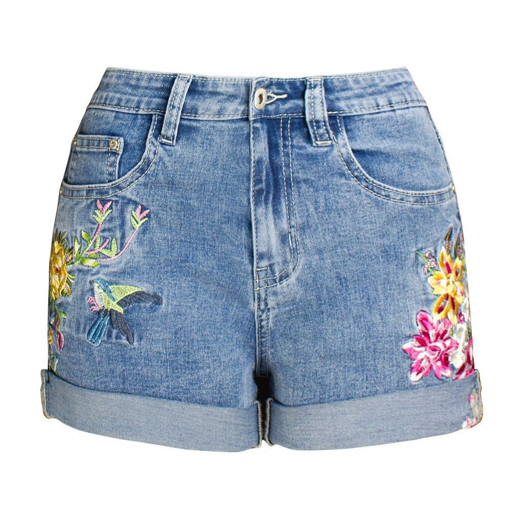 Sexy Women Denim Shorts Flower Embroidered Mini Jeans Short Trousers Low Waist Summer Booty Shorts P