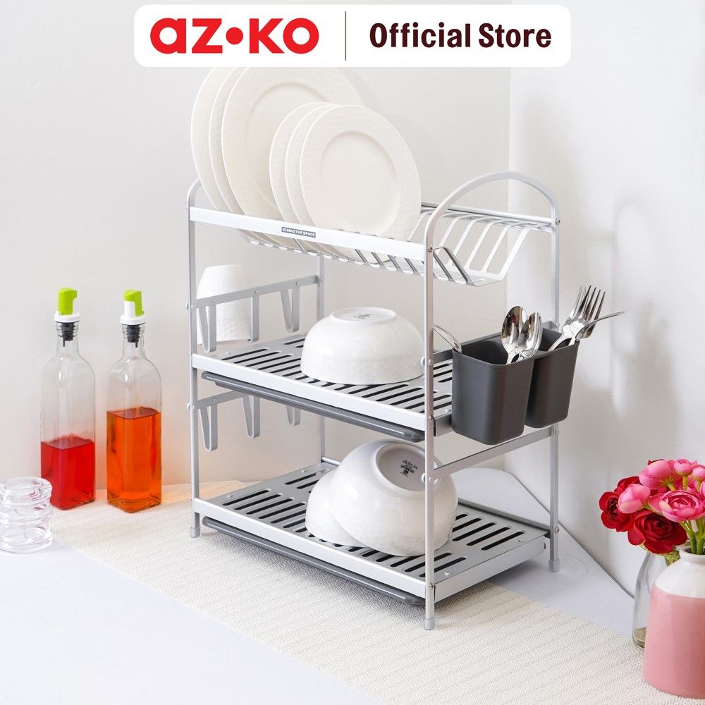 AZKO Stora Rak Piring Aluminium 3 Tingkat Dish Rack Tempat Peralatan Makan Perlengkapan Dapur Rak Pe