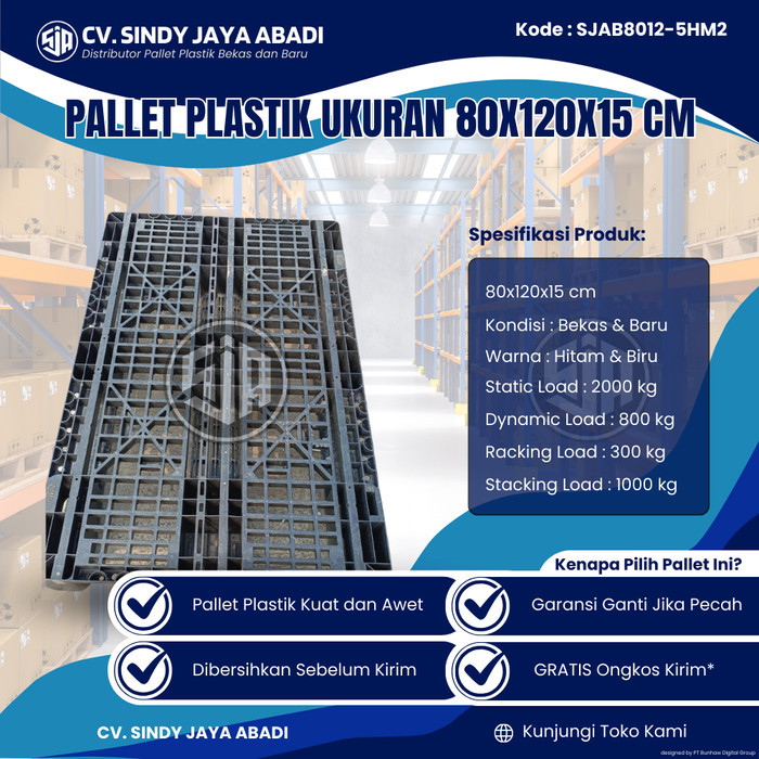 

Pallet Plastik Bekas Ukuran 80x120x15 cm - SJAB8012-5HM2 / Pallet Plastik Warna Hitam / Pallet Plastik Jaring