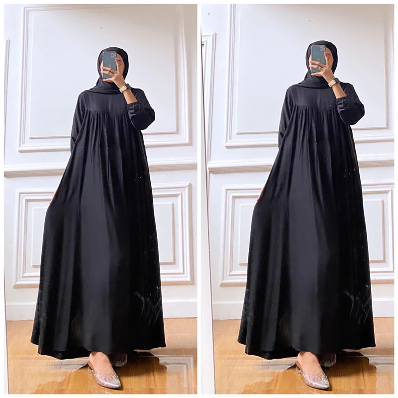 Dekha Syari | Midi Dress Gamis Terbaru 2025 Korean Style Hitam Polos Rayon Twill Premium Ori Tebal
