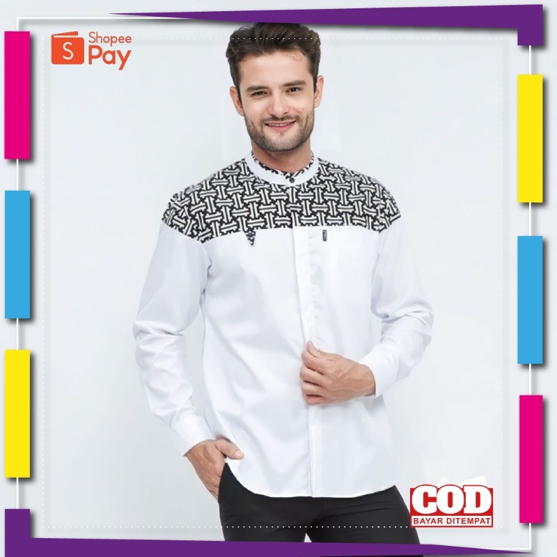 [PREMIUM ORIGINAL] Baju Koko Pria Lengan Panjang Motif Falcon Kombinasi Batik Terbaru Warna Putih Hi