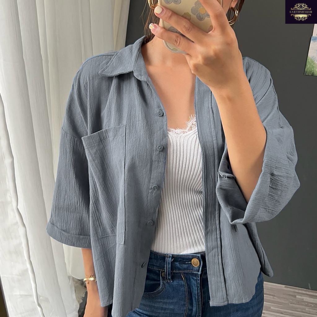 Mela Crop - Kemeja Wanita Crop Linen Crinkle Premium