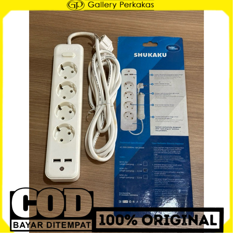 Shukaku premium stop kontak kabel + saklar + 2 Colokan Usb 4 lubang 3 meter Tembaga Murni SKU 8234 L