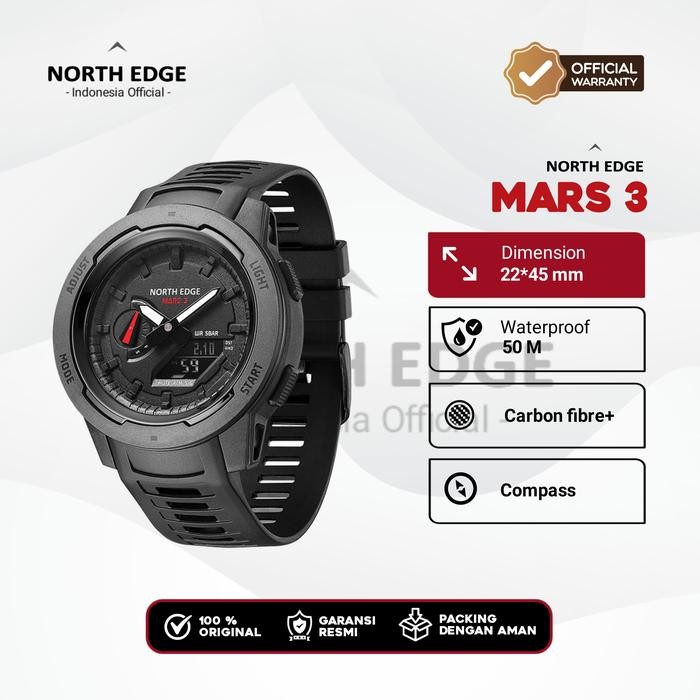 North Edge Indonesia official Mars 3 jam tangan militer pria, jam tangan Digital serat karbon tahan 