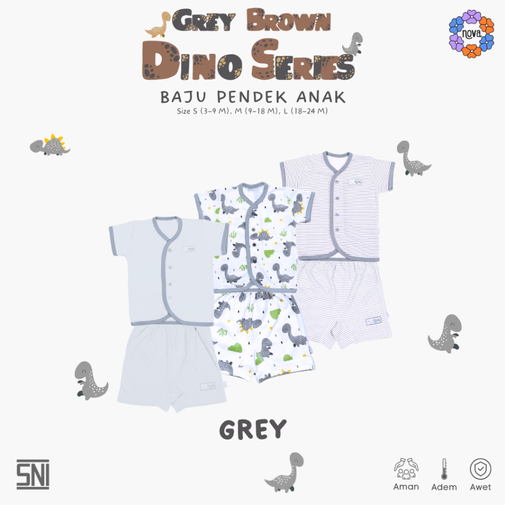 NOVA - Grey Dino Series - Setelan Anak - Setelan Baju  Pendek Celana Pendek 9-18 Bulan SA021
