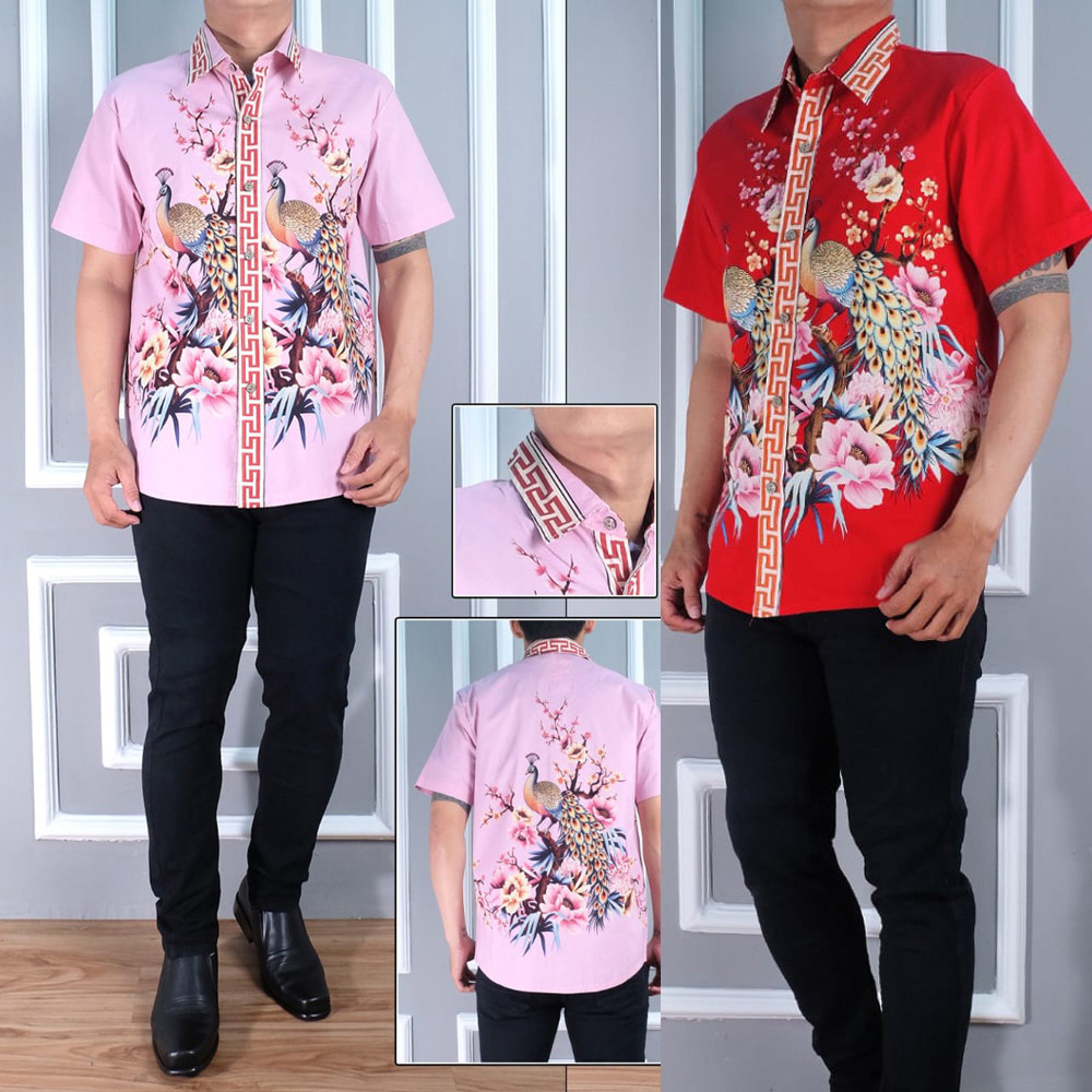 GIRLY Irwan Red Man Kemeja Batik Pria Lengan Pendek Merah Batik Couplee Natal