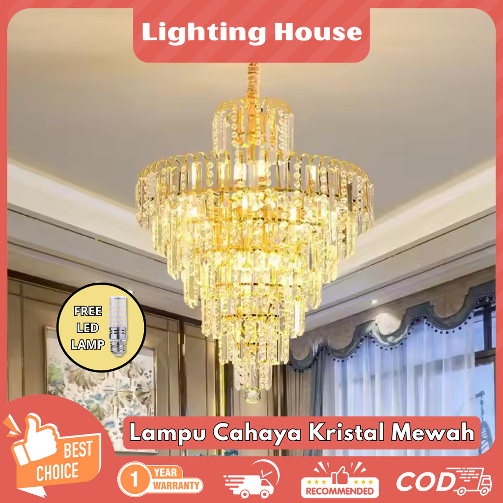 Lighting House⭐Garansi 1 Tahun⭐Lampu gantung ruang tamu Kristal 3 warna Gold Chandelier Cahaya LED k