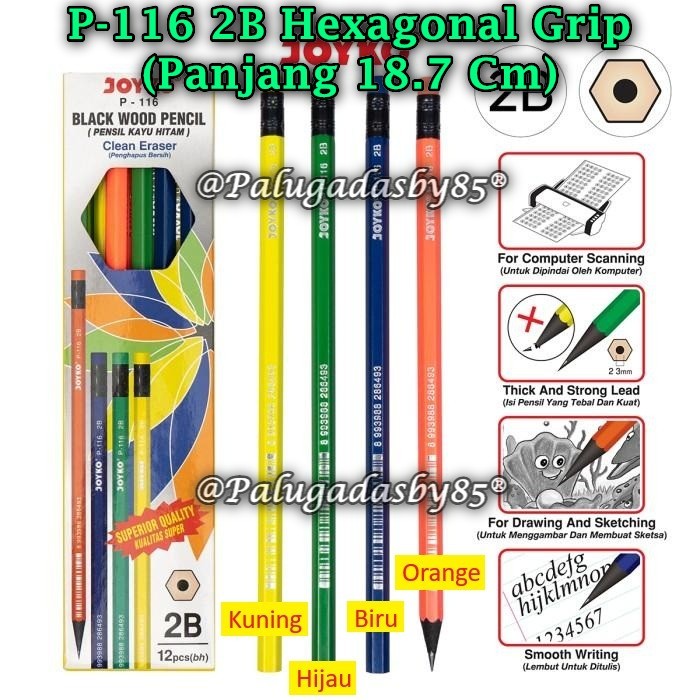 

(1 Pak/12) GROSIR Pensil JOYKO P-116 2B Hexagonal Grip / Pensil Pencil Joyko P-116 2B (Pak/12)