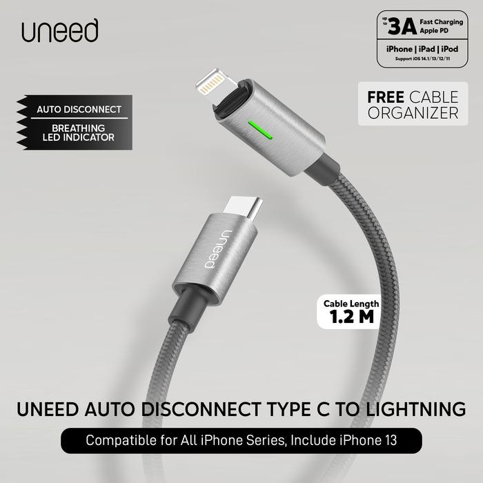 UNEED Kabel Data Auto Disconnect Type C to iPhone Lightning - UCB45Ci Handphone Led - Type C to Ligh