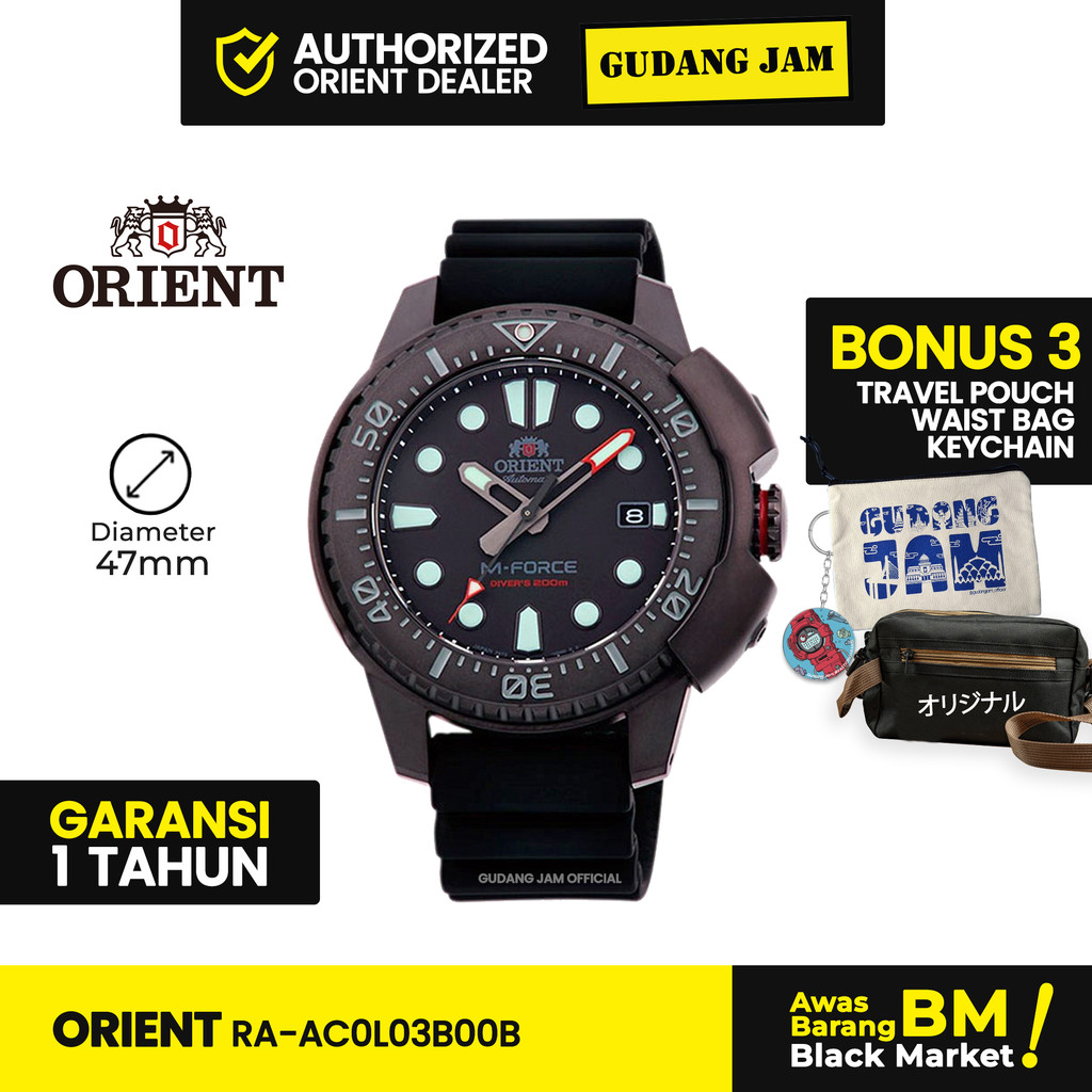 Jam Tangan Pria Orient RA-AC0L03B M-Force Stealth Black 45mm Automatic Sapphire Crystal