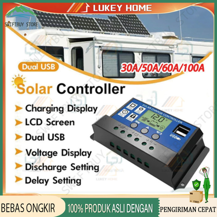 Solar Charge Controller LCD LED Display Solar Cell PWM 12V 24V 10A 20A 30A 50A 60A USB Panel Tenaga 
