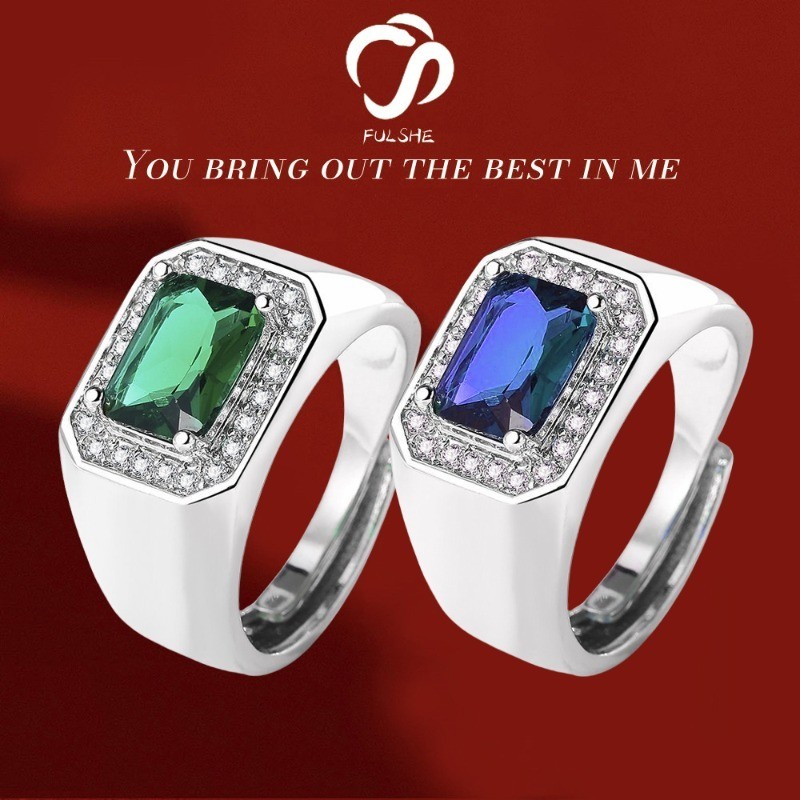 FULSHE Cincin Berlian Persegi Pria Fashion Gaya Asli Korea Ring Terbuka Berlian Biru Safir Hijau