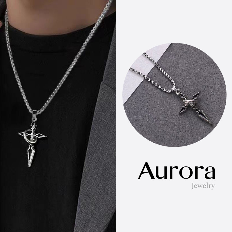 【AURORA】 Kalung Salib Hitam Pria Wanita｜Rantai Tebal Gaya Streetwear Panjang 60cm