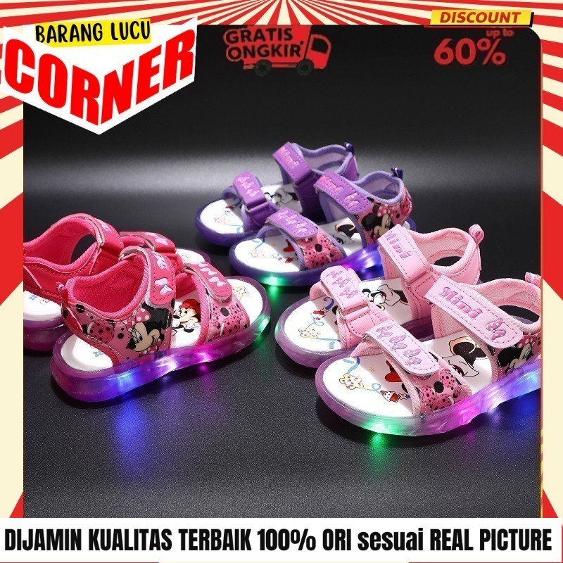 Sandal Sepatu Led Anak Perempuan Minnie Mouse Lampu Import  Usia TK SD 1-6 Tahun