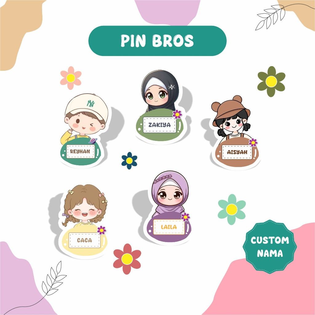 Pin Bros Akrilik Custom Nama Karakter Lucu / Nama dada Nametag anak cetak Nama / Pin Acrylic Lucu