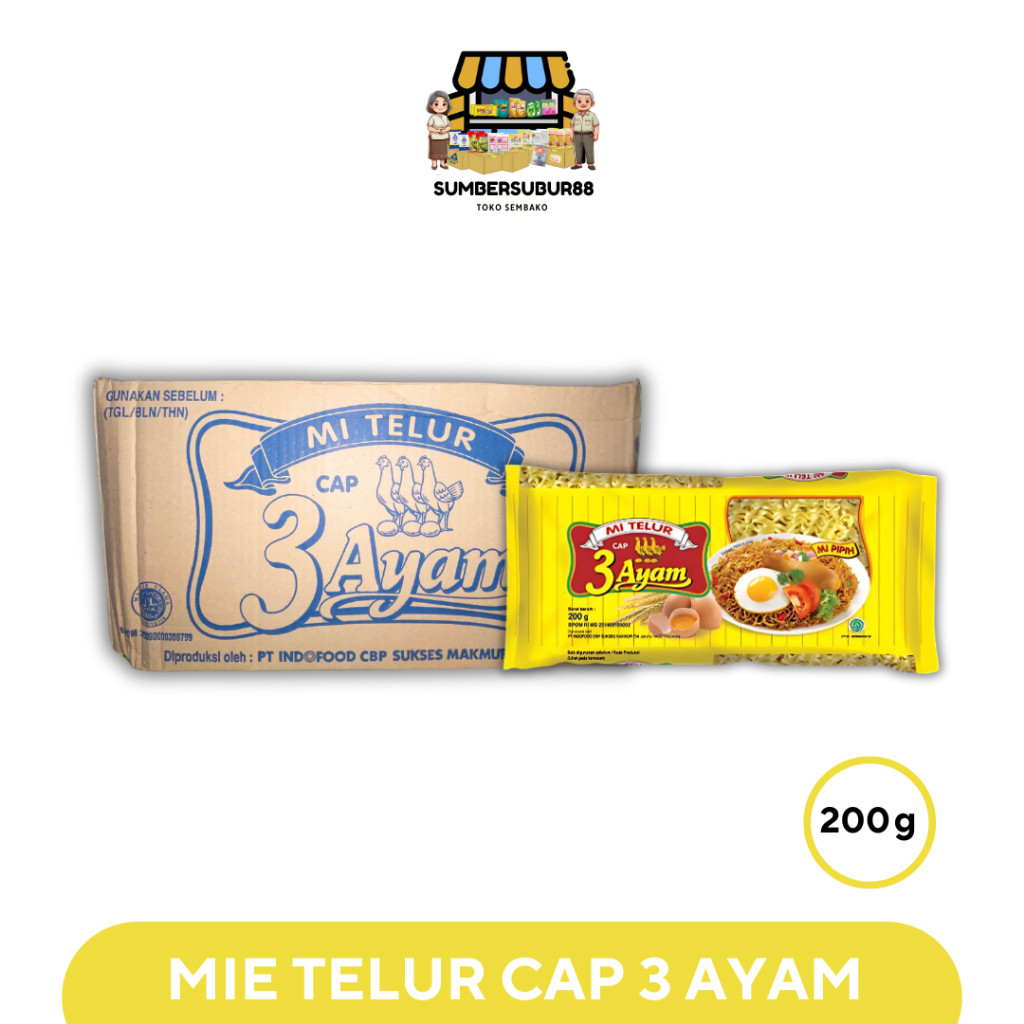 

3 AYAM 200G Mie Telur (1 Dus @20 Bungkus)