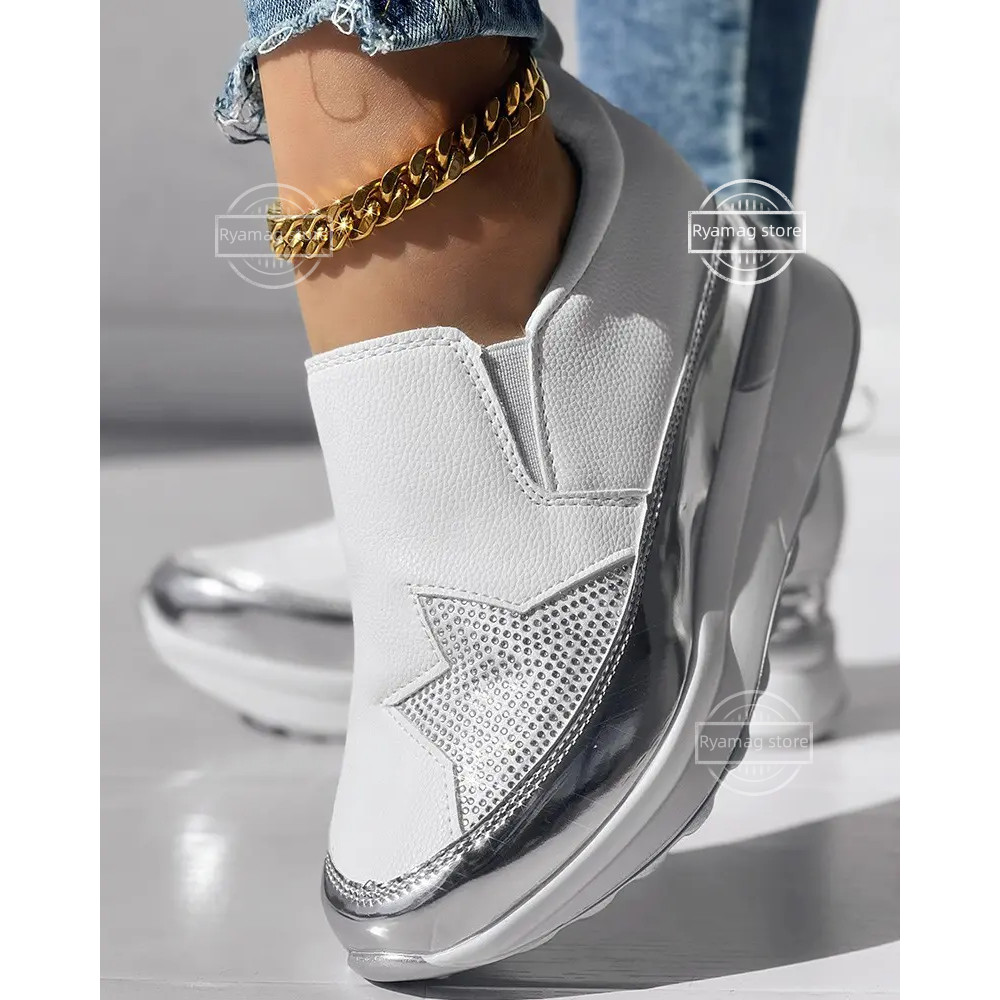 Sneakers Women's Rhinestone Star Pattern Platform Muffin Loafers Silver Platform Shoes Woman Slip on