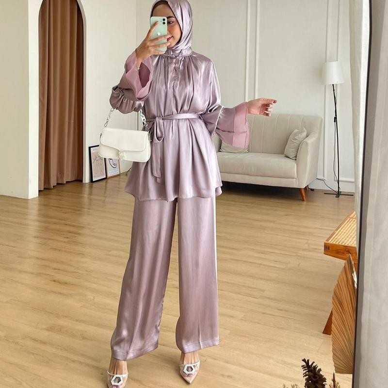 Milia Set Celana Kondangan Formal Pesta Baju Muslim Polos Taro Rosegold Silver Black Sage Mix Organz