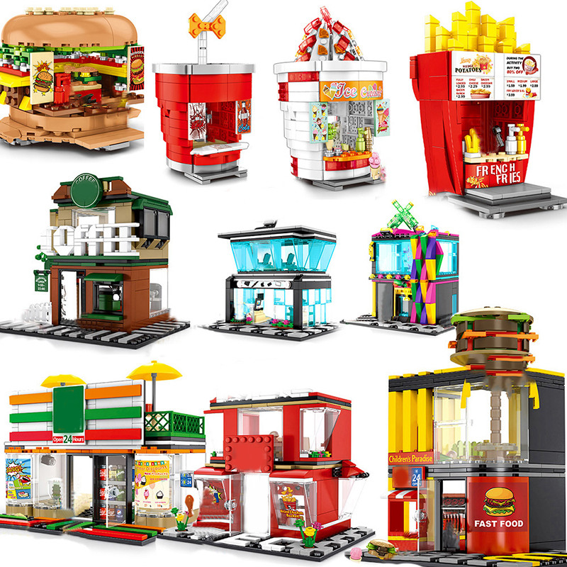 

Mini Shop Market Street View Sets Model Building Blocks Hamburger Restaurant Retail Store Creative Architecture Friend Girl City
