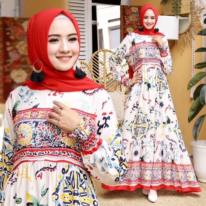 Gamis glenca cream maxi motif home dress baju muslim murah glad ktg