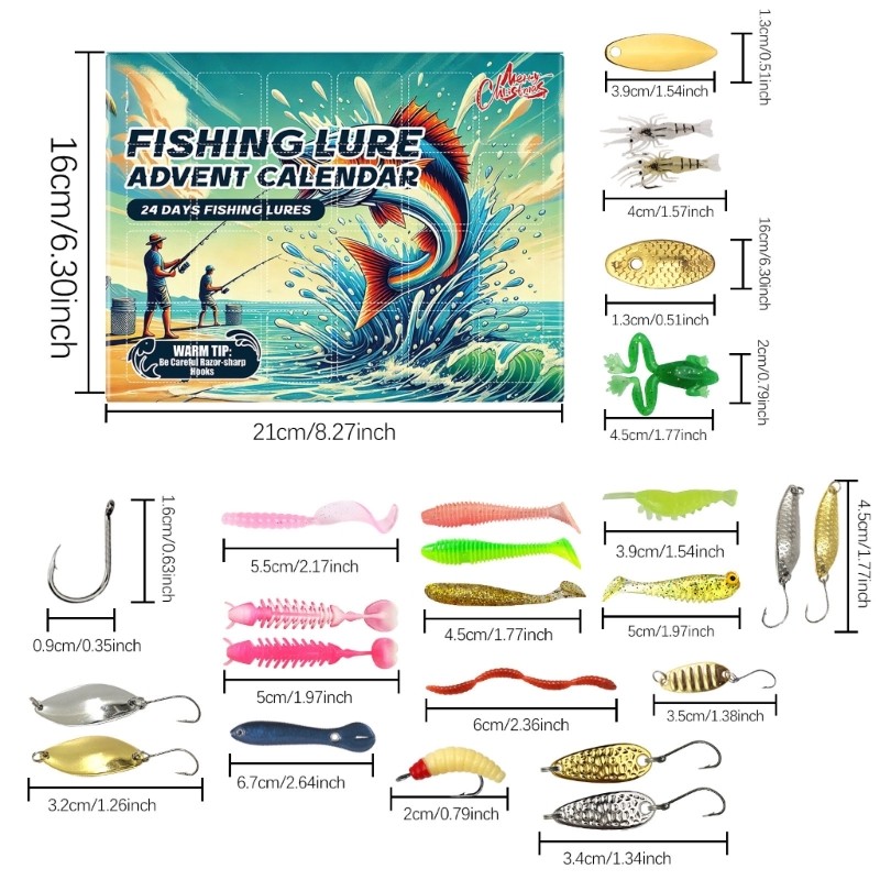 

Holiday Angler's Advents Calendar Portable Fishing Enthusiast's Christmas Advents Calendar with 24 Various Lures
