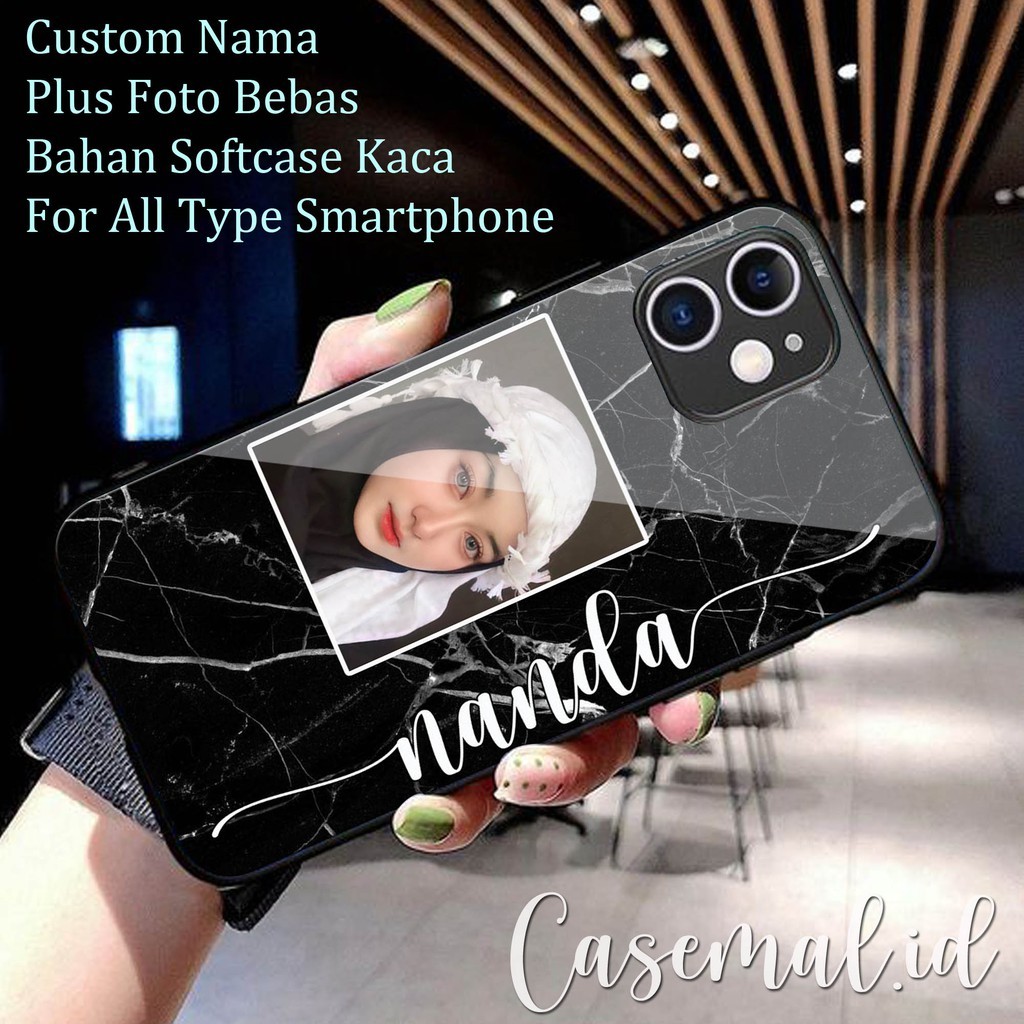 (Custom Nama Plus Foto Bebas) Bahan SoftCase Glass Kaca For Oppo Vivo Realme Xiaomi Infinix Iphone S