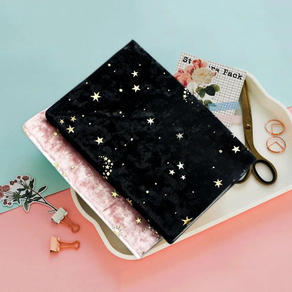 

Handmade Velvet Book Cover Gold Stamping Star Moon Design Notebook Fabric Scrapbooking Book Jacket Cultural Educational Supplies