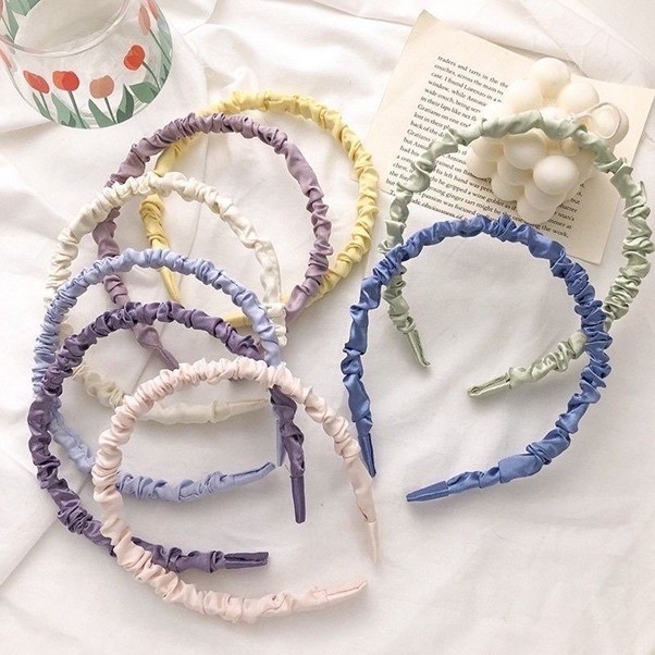 Bando Satin Scrunchie Headband Serut Kecil Pastel Bandana Minimalis Simple Elegan Estetik Kurus Kore